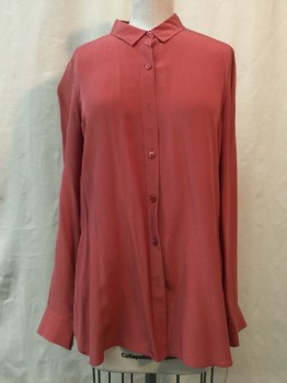 EILEEN FISHER, Coral Pink, Silk, Solid, Coral Pink, Button Front, Collar Attached, Long Sleeves,