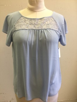 Womens, Blouse, MAEVE, Powder Blue, Polyester, Solid, Floral, Sz.8, Chiffon, Raglan Cap Sleeves, Floral Lace Panel at Chest Yoke and Triangular Panel at Back Shoulders, Pullover, Scoop Neck