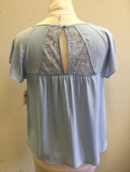 Womens, Blouse, MAEVE, Powder Blue, Polyester, Solid, Floral, Sz.8, Chiffon, Raglan Cap Sleeves, Floral Lace Panel at Chest Yoke and Triangular Panel at Back Shoulders, Pullover, Scoop Neck