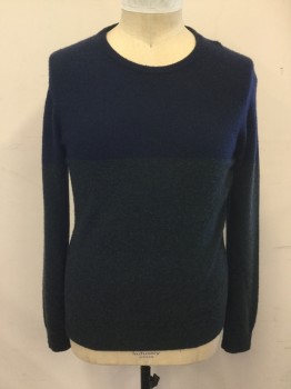 Mens, Pullover Sweater, 1901, Navy Blue, Forest Green, Wool, Cashmere, Color Blocking, L, Crew Neck, Navy Top, Forest Green Lower Body and Arms, Ribbed Knit Neck/Waistband/Cuff, Pilling