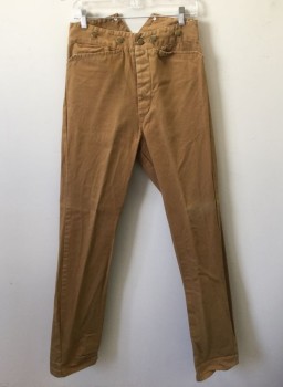 N/L, Caramel Brown, Cotton, Solid, Canvas/Duck, Button Fly, Gold Metal Suspender Buttons at Outside Waist, 3 Pockets Plus 1 Watch Pocket, Reproduction