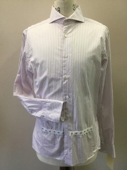 MEL GAMBERT, White, Aubergine Purple, Lilac Purple, Cotton, Stripes - Pin, Button Front, Spread Collar, Long Sleeves, Needs Links, Crotch Strap Snaps Front