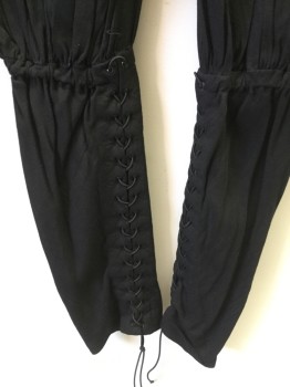 Mens, Historical Fiction Pants, ACADEMY COSTUMES, Black, Cotton, Solid, 30+, Drawstring Waist, Below Knee Elastic, Inseam Calf Lace Up