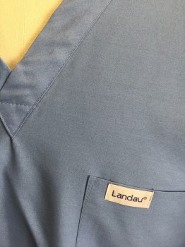 LANDAU, French Blue, Poly/Cotton, Solid, Short Sleeves, V-neck, 1 Patch Pocket on Chest