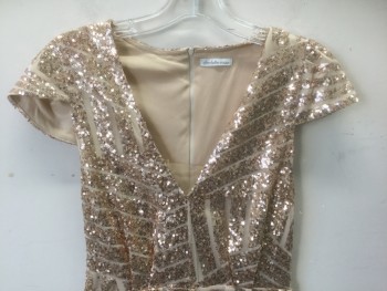 Womens, Romper, CHARLOTTE RUSSE, Rose Gold Metallic, Beige, Polyester, Sequins, Geometric, W:26, XS, Beige Net Covered in Geometric Patterned Rose Gold Tiny Sequins, Cap Sleeves, V-neck with Beige Mesh Modesty Panel Added, Pleated at Waist, 3" Inseam, Has Multiples