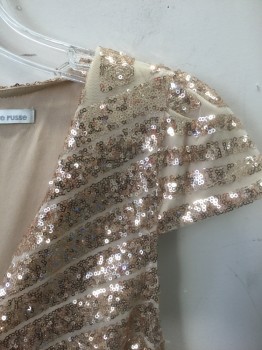 Womens, Romper, CHARLOTTE RUSSE, Rose Gold Metallic, Beige, Polyester, Sequins, Geometric, W:26, XS, Beige Net Covered in Geometric Patterned Rose Gold Tiny Sequins, Cap Sleeves, V-neck with Beige Mesh Modesty Panel Added, Pleated at Waist, 3" Inseam, Has Multiples
