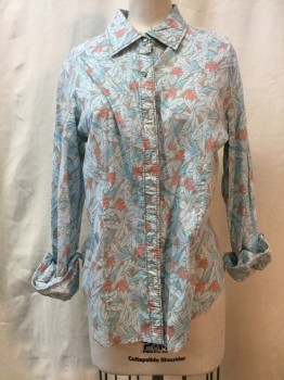 TALBOTS, Lt Blue, Rose Pink, Blue, Gray, Cotton, Lycra, Floral, Button Front, Collar Attached, Long Sleeves,