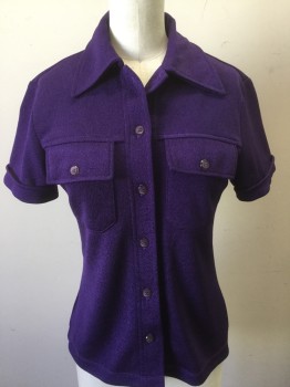 DOLLHOUSE, Purple, Polyester, Solid, Poly Knit, Pointy Collar Attached, Short Sleeves, with Stitched Down Cuff, Button Front, Pocket Flaps