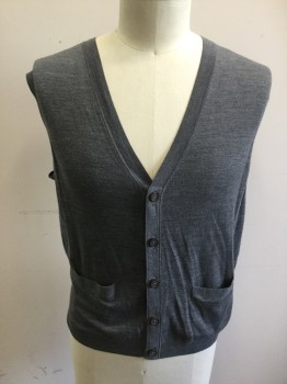 Mens, Sweater Vest, BROOKS BROTHERS, Medium Gray, Wool, Solid, L, Button Front, 5 Buttons, 2 Pockets, Ribbed Knit Lapel/Armhole/Waistband