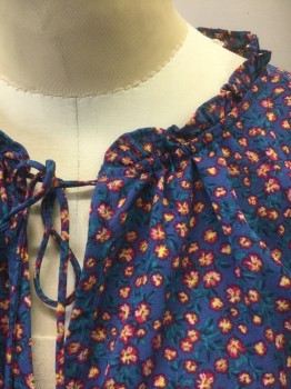SOCIALITE, Blue, Fuchsia Pink, Yellow, Teal Blue, Polyester, Floral, Deep Blue with Fuchsia/Yellow/Teal Tiny Floral Pattern Peasant Blouse, Long Sleeves, Scoop Neck with Deep V Notch at Center with Self Ties, Smocked Elastic Waist, Elastic Cuffs with Ruffled Edge