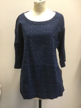 Womens, Top, EILEEN FISHER, Navy Blue, French Blue, White, Cotton, Geometric, Stripes - Horizontal , XS, Round Neck,  3/4 Sleeves, Tunic, 2 Pockets,