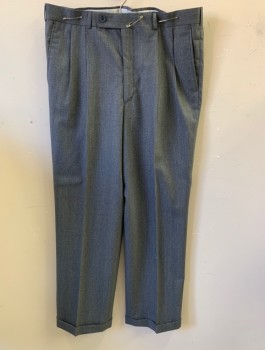 N/L, Gray, Polyester, Stripes - Pin, Check - Micro , Double Pleats, Hem Cuffed, 4 Pockets, Belt Loops, Zip Fly