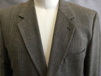 JOSEPH ABBOUD, Lt Brown, Black, White, Wool, Nylon, Plaid, Single Breasted, Notched Lapel, 3 Pockets,