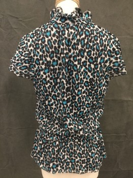 CLASSIQUES ENTIER, Aqua Blue, Black, Sand, Silk, Animal Print, Chiffon Animal Print, Button/Loop Front, V-neck,  Stand Collar with Ruffle, Double Layer Flutter Cap Sleeve, Elastic Waistband with Peplum, Gathered at Neck