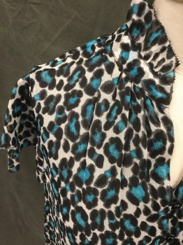 Womens, Top, CLASSIQUES ENTIER, Aqua Blue, Black, Sand, Silk, Animal Print, XS, Chiffon Animal Print, Button/Loop Front, V-neck,  Stand Collar with Ruffle, Double Layer Flutter Cap Sleeve, Elastic Waistband with Peplum, Gathered at Neck
