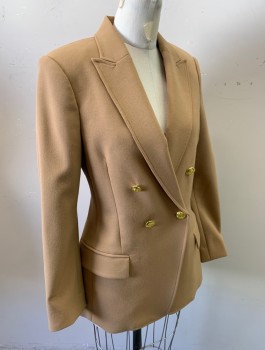 Womens, Blazer, A.L.C., Beige, Polyester, Viscose, Solid, Sz.6, Gabardine, Double Breasted, Gold Embossed Buttons, Peaked Lapel, Padded Shoulders, 2 Welt Pockets