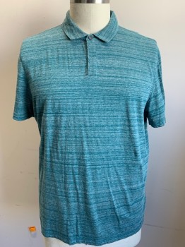 MICHAEL KORS, Teal Green, Heather Gray, Cotton, Heathered, Stripes - Horizontal , Collar Attached, 1 Button Front, Short Sleeves,