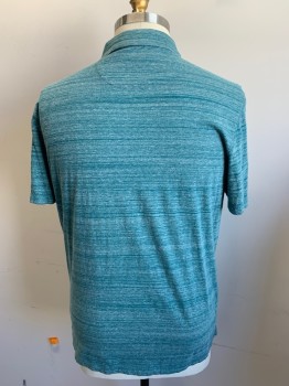 MICHAEL KORS, Teal Green, Heather Gray, Cotton, Heathered, Stripes - Horizontal , Collar Attached, 1 Button Front, Short Sleeves,