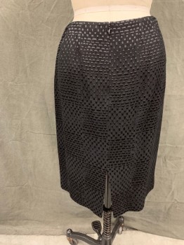 Womens, Skirt, Knee Length, ELLEN TRACY, Black, Rayon, Wool, Solid, 10, W 29, Grid Dotted Woven Stripes, Back Zip, Center Back Slit