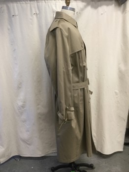 Mens, Coat, Trenchcoat, MILLENIUM COLLECTION, Khaki Brown, Cotton, Polyester, Solid, Ch 60, 56L, Double Breasted, Spread Collar, 2 Side Entry Pockets, Long Sleeves, Shoulder Epaulets, Front Right Shoulder Flap, Back Gun Flap, Back Vent, Belted Cuffs, Belted Waist, Below the Knee Length, Removable Liner
