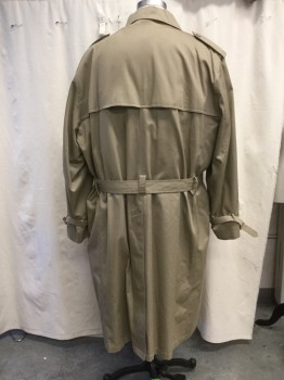 Mens, Coat, Trenchcoat, MILLENIUM COLLECTION, Khaki Brown, Cotton, Polyester, Solid, Ch 60, 56L, Double Breasted, Spread Collar, 2 Side Entry Pockets, Long Sleeves, Shoulder Epaulets, Front Right Shoulder Flap, Back Gun Flap, Back Vent, Belted Cuffs, Belted Waist, Below the Knee Length, Removable Liner