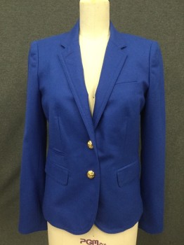 Womens, Blazer, J CREW, Royal Blue, Wool, Solid, 0, Single Breasted, 2 Gold Buttons, Collar Attached, Notched Lapel, 3 Pockets, Long Sleeves, Double Stitched Collar/Lapel Detail