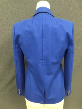 Womens, Blazer, J CREW, Royal Blue, Wool, Solid, 0, Single Breasted, 2 Gold Buttons, Collar Attached, Notched Lapel, 3 Pockets, Long Sleeves, Double Stitched Collar/Lapel Detail