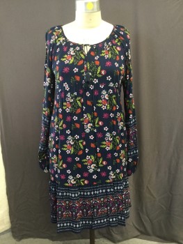 TIME AND TRUE, Navy Blue, Green, Orange, Magenta Pink, White, Rayon, Synthetic, Floral, Scoop Neckline with Tie at Center Front, Long Sleeves, Border Print at Hemline and Cuffs. Empire Line