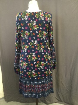 TIME AND TRUE, Navy Blue, Green, Orange, Magenta Pink, White, Rayon, Synthetic, Floral, Scoop Neckline with Tie at Center Front, Long Sleeves, Border Print at Hemline and Cuffs. Empire Line