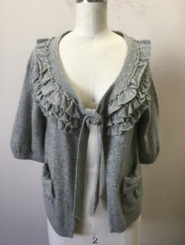 JUICY COUTURE, Gray, Wool, Cashmere, Solid, Knit, 3/4 Sleeves, Scoop Neck, Self Tie Closures at Center Front, 3 Rows of Ruffles at Neck, 2 Pockets with Self Bow Detail, Cropped Length, 2000's