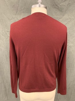 Mens, Pullover Sweater, BANANA REPUBLIC, Maroon Red, Tan Brown, Gray, Wool, Stripes - Vertical , XL, Maroon with Skinny Tan and Gray Stripes, Ribbed Knit V-neck, Ribbed Knit Cuff/Waistband