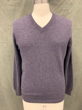 BLOOMINGDALE'S, Dk Purple, Cashmere, Heathered, V-neck, Ribbed Knit Neck/Waistband/Cuff