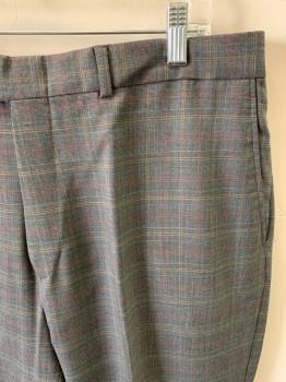 BEN SHERMAN, Blue-Gray, Multi-color, Wool, Glen Plaid, Slacks, Zip Front, Button Closure, Extended Waistband, 4 Pockets, Creased