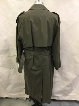 Mens, Coat, Trenchcoat, TOWNE, Olive Green, Cotton, Solid, 40, Double Breasted, Raglan Sleeves, Detached Front and Back Yoke, Epaulets, Belt Loops, Matching Buckle Belt, 2 Pockets, Button Tab Cuffs, Kick Pleat Center Back,  ZIP OUT LINING