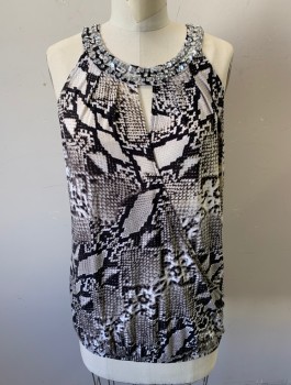 Womens, Top, INC, Gray, Black, Polyester, Spandex, Abstract , Reptile/Snakeskin, M, Stretchy Material, Sleeveless, Silver Rhinestones and Sequins at Round Neck,  Peekaboo Opening at Center Front Neck with Wrapped Surplice Detail Across Front