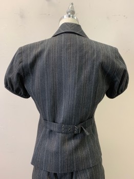 A. PRIME CUSTOM, Dk Gray, Beige, White, Polyester, Wool, Stripes - Pin, Stripes - Vertical , S/S, Notched Lapel, Single Breasted, Button Front, 1 Button, 2 Pockets, Belted Back