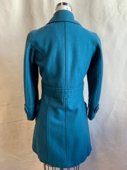 TULLE, Turquoise Blue, Wool, Viscose, Solid, Large Round Plastic Button Front, Collar Attached, Attached Waistband, Princess Seams, 2 Pockets with Flaps, Faux Belted Cuffs