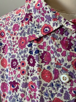 J CREW, Violet Purple, Magenta Pink, Red, Blue, Lavender Purple, Cotton, Floral, Long Sleeves, Button Front, Collar Attached, Liberty of London Print