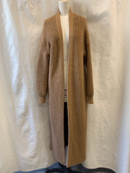Womens, Cardigan Sweater, TOPSHOP, Camel Brown, Polyester, Acrylic, XS, Knit, Open Front, Long Line