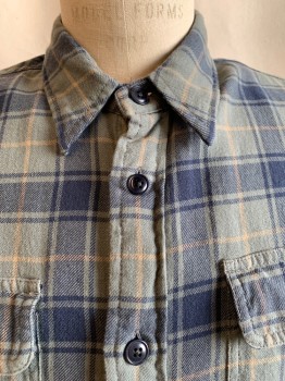 FILSON, Olive Green, Navy Blue, Khaki Brown, Cotton, Plaid, Collar Attached, Button Front, 2 Chest Pockets, Long Sleeves