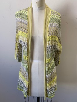 Womens, Cardigan Sweater, NIC + ZOE, Lime Green, Yellow, White, Gray, Rayon, Cotton, Stripes - Horizontal , Petite, M, See-Through Crochet, 3/4 Sleeves, Open Center Front with No Closures