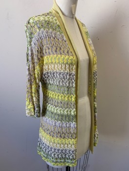 NIC + ZOE, Lime Green, Yellow, White, Gray, Rayon, Cotton, Stripes - Horizontal , See-Through Crochet, 3/4 Sleeves, Open Center Front with No Closures