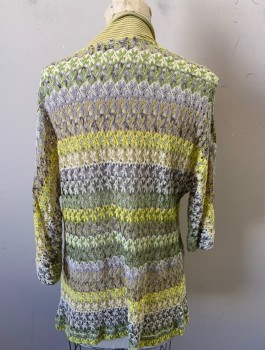 Womens, Sweater, NIC + ZOE, Lime Green, Yellow, White, Gray, Rayon, Cotton, Stripes - Horizontal , Petite, M, See-Through Crochet, 3/4 Sleeves, Open Center Front with No Closures