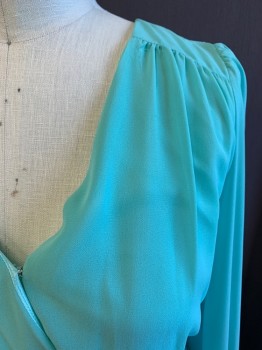 Womens, Dress, Long & 3/4 Sleeve, A'GACI, Sea Foam Green, Silver, Polyester, Solid, L, Long Sleeves, V-neck, Elastic Waistband, Gathered Shoulders, Silver Beading and Clear Rhinestones on Cuffs, Strap on Back of Neck