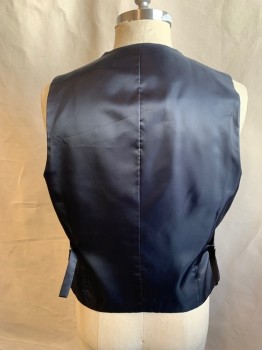 Mens, Suit, Vest, ABITO D'UOMO, Navy Blue, Polyester, Rayon, Solid, 46L, 5 Buttons, 2 Pockets, Black Satin Back with 2 Side Tab Belts