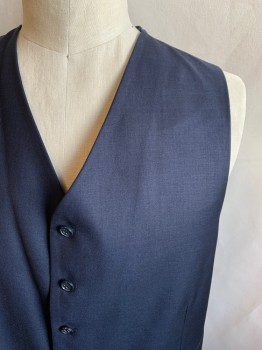 Mens, Suit, Vest, ABITO D'UOMO, Navy Blue, Polyester, Rayon, Solid, 46L, 5 Buttons, 2 Pockets, Black Satin Back with 2 Side Tab Belts