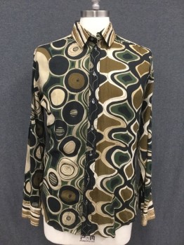 Mens, Casual Shirt, DOLCE & GABBANA, Brown, Dk Green, Black, Tan Brown, Cotton, Swirl , Stripes, 16/36, Swirl Pattern Body, Stripe Yoke/Collar/Cuff, Button Front, Collar Attached, Long Sleeves, Center Back Panel Attached