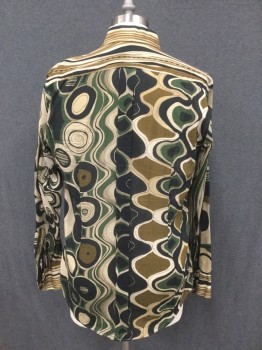 Mens, Casual Shirt, DOLCE & GABBANA, Brown, Dk Green, Black, Tan Brown, Cotton, Swirl , Stripes, 16/36, Swirl Pattern Body, Stripe Yoke/Collar/Cuff, Button Front, Collar Attached, Long Sleeves, Center Back Panel Attached