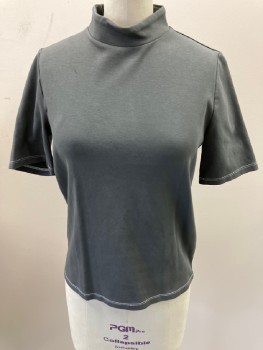 Womens, Top, TOP SHOP, Gray, Cotton, Solid, B:34, 6, Mock Neck, S/S, with White Stitching Detail , Back White Zipper