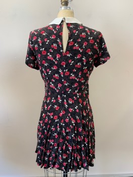 Womens, Dress, Short Sleeve, FOREVER 21, Black, Hot Pink, White, Rayon, Floral, M, S/S, C.A., Neck Tie, Flared Bottom, Side Zipper,